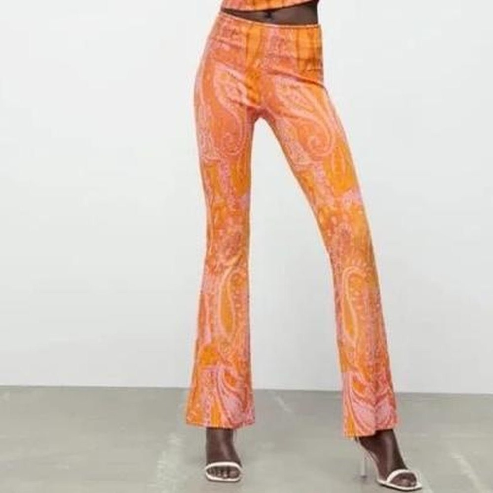 NWT Zara Women's Jacquard Flared Knit Pull On Elastic‎ Waist Pants Paisley Small